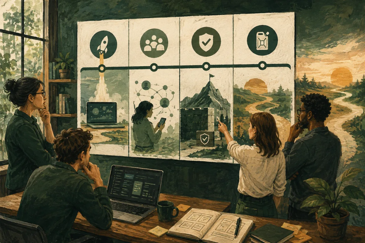 A team reviews a release, user evidence, quality protection, and remaining runway using four illustrated panels.
