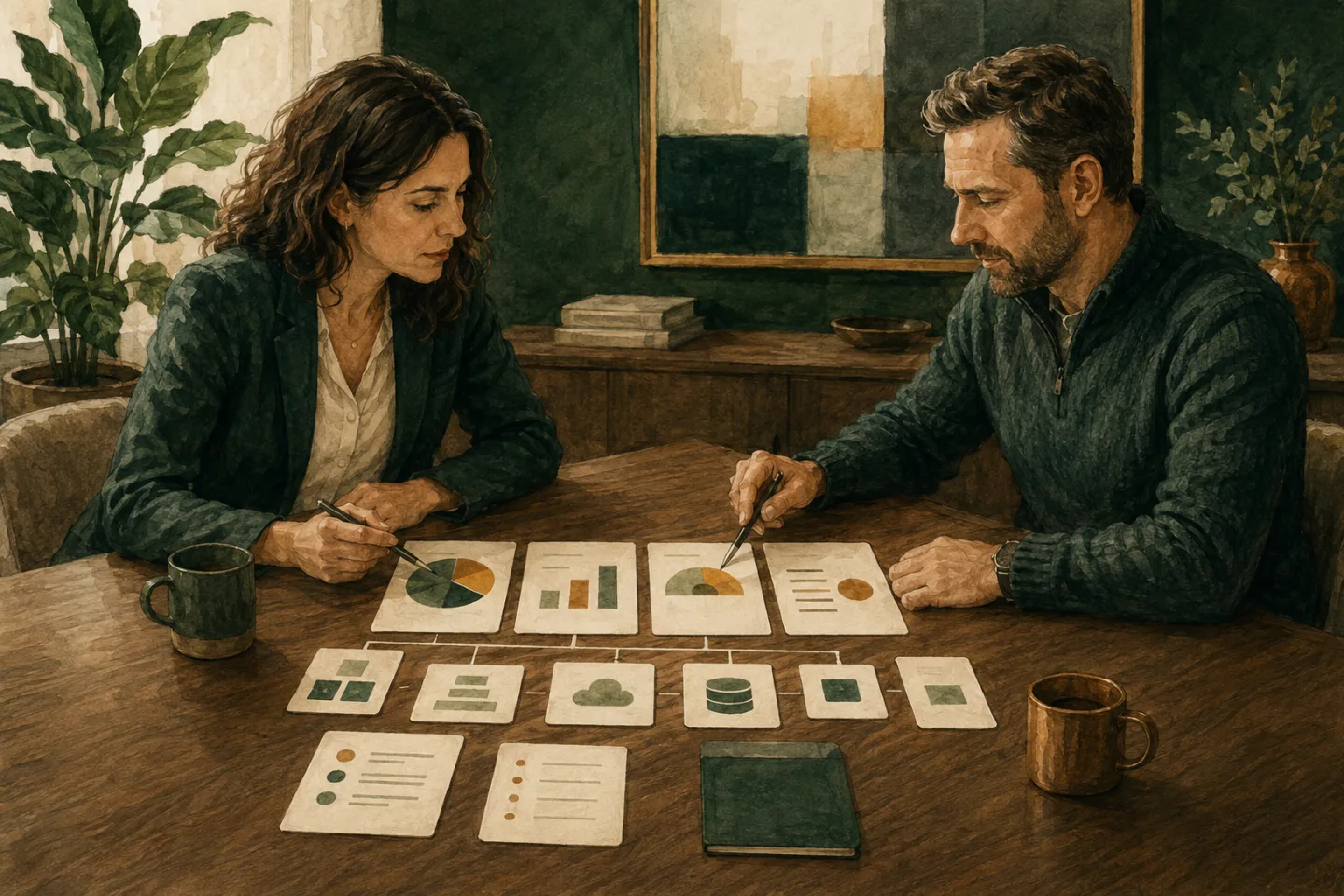 Illustration of a founder and technology leader comparing budget and architecture cards at a meeting table
