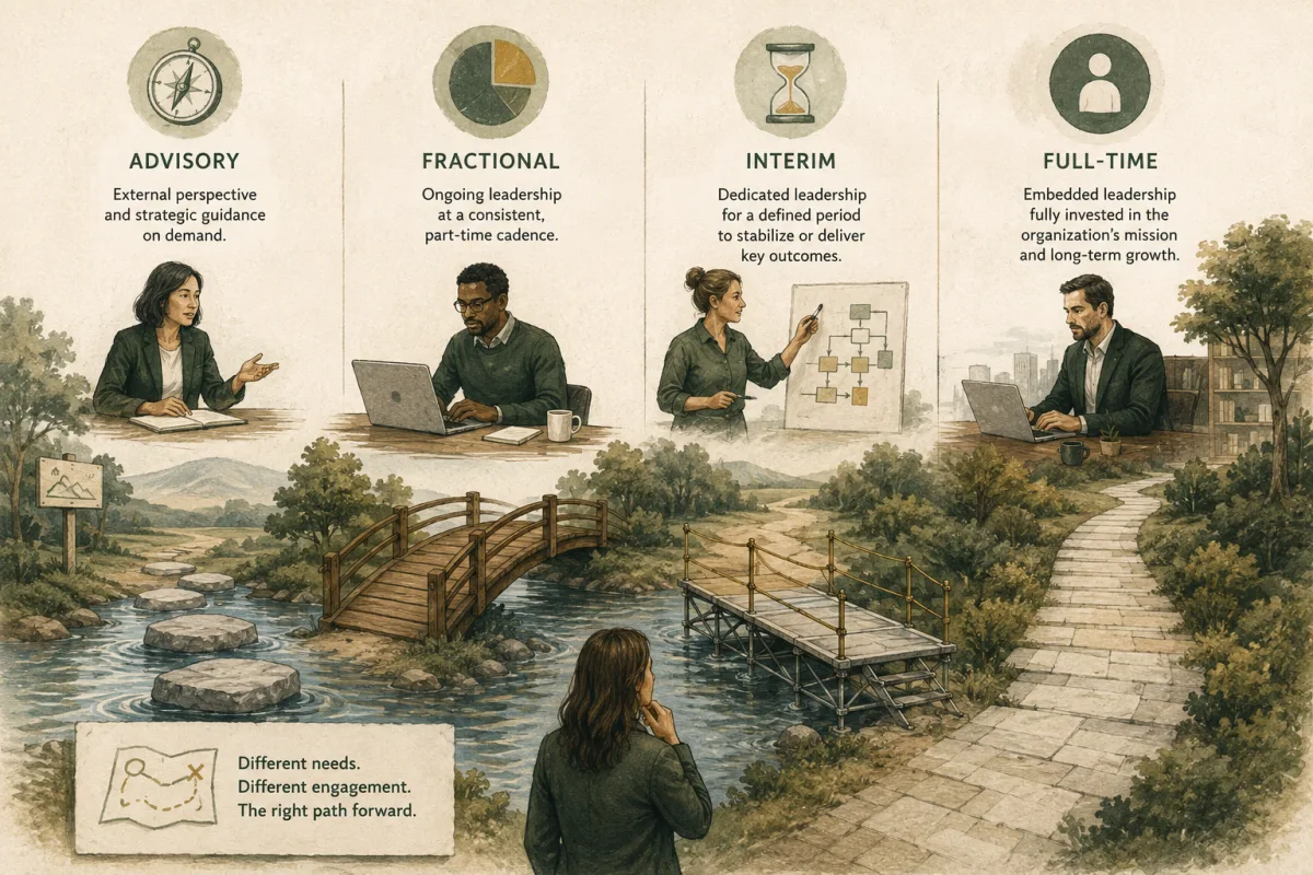 Four illustrated routes compare advisory, fractional, interim and full-time technology leadership