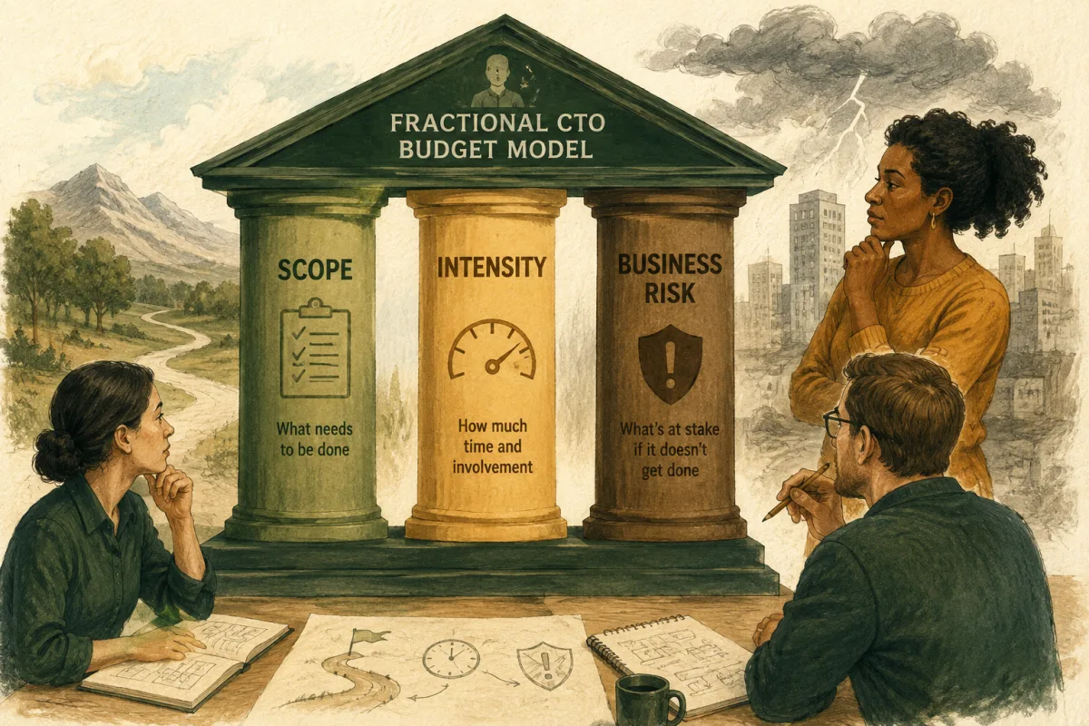 Three pillars show scope, intensity and business risk as inputs to a fractional CTO budget