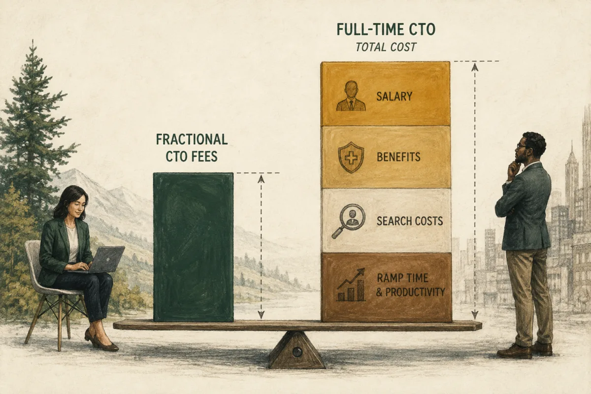 Conceptual comparison of fractional CTO fees with salary, benefits, recruitment and ramp-up costs; bars are not to scale