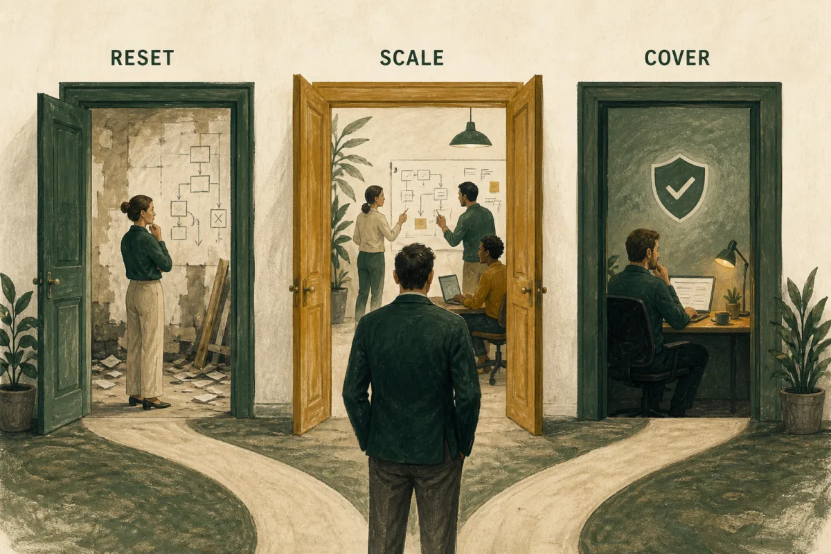 Three illustrated doorways represent resetting technology, scaling a team and covering a leadership gap