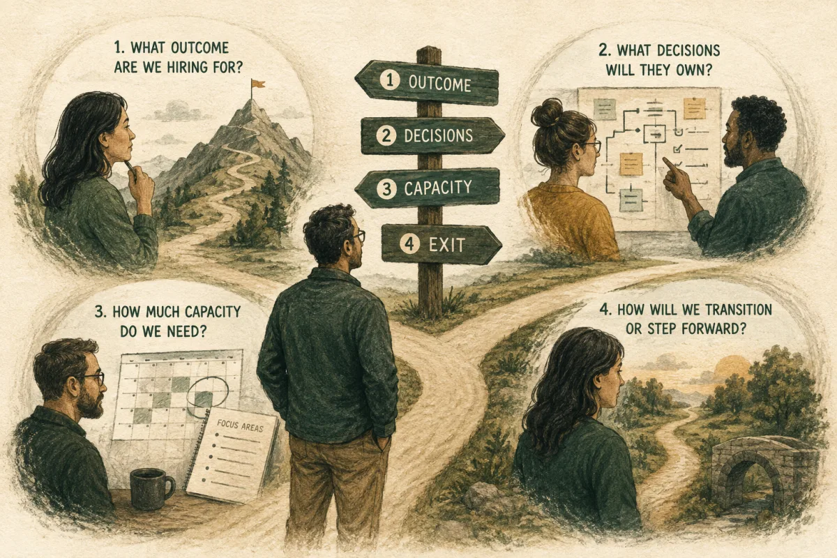 Four illustrated questions address the desired outcome, decision ownership, available capacity and transition plan