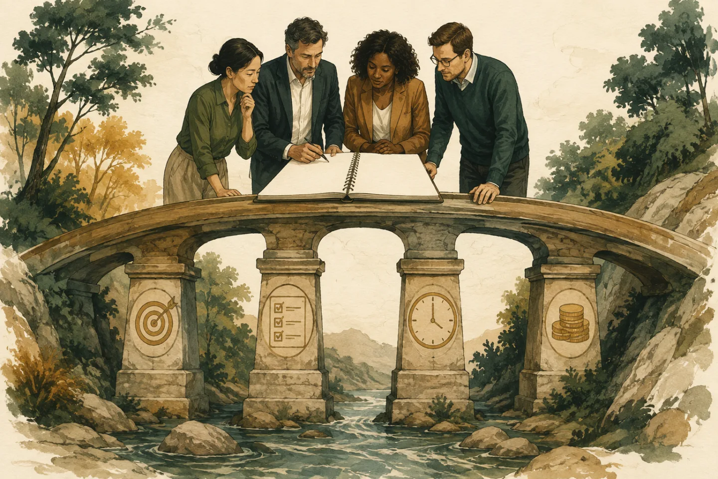 A team reviews a notebook above a bridge with target, checklist, clock, and coin symbols on its four pillars.