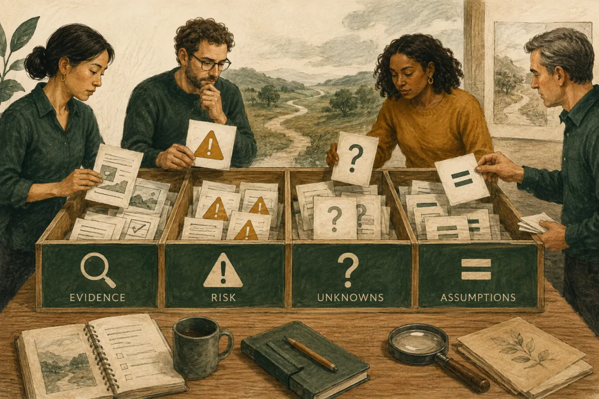 A team sorts documents into evidence, risk, unknowns, and assumptions before preparing a proposal.