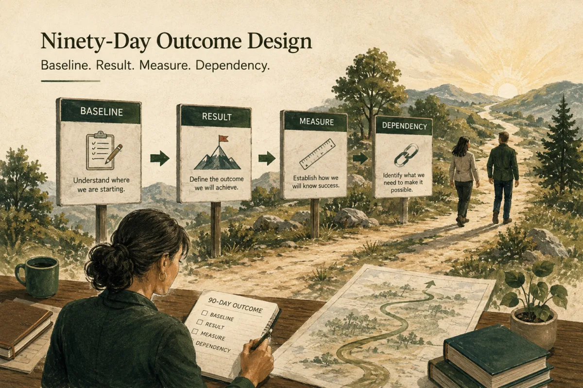 A planning path connects baseline, result, measure, and dependency in a ninety-day outcome design.