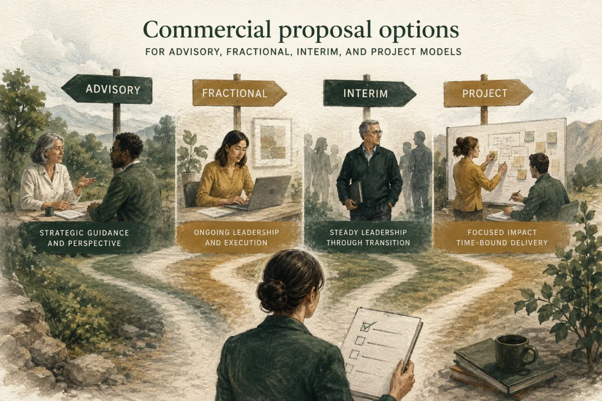 Four paths illustrate advisory guidance, recurring fractional leadership, interim continuity, and a bounded project.