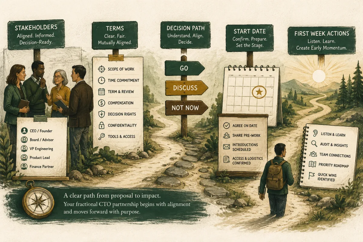 A proposal decision path connects stakeholders, terms, approval choices, a start date, and first-week preparation.