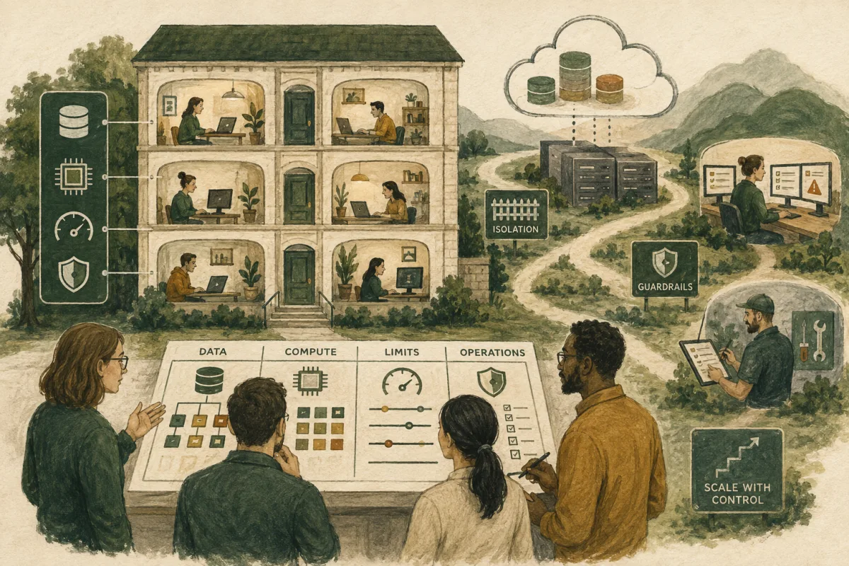 A team considers tenant data, compute, resource limits, and operations with isolation guardrails.