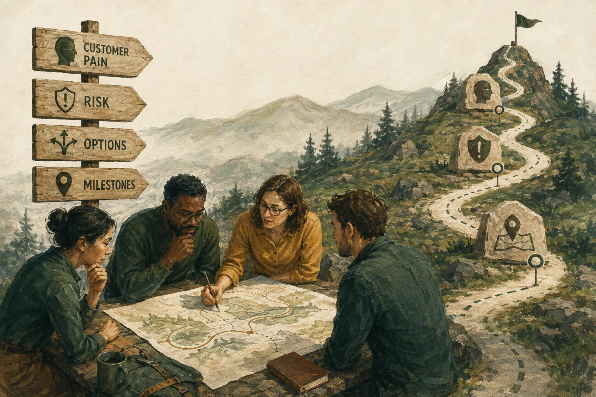 A roadmap connects customer pain, business risk, options, and evidence milestones.