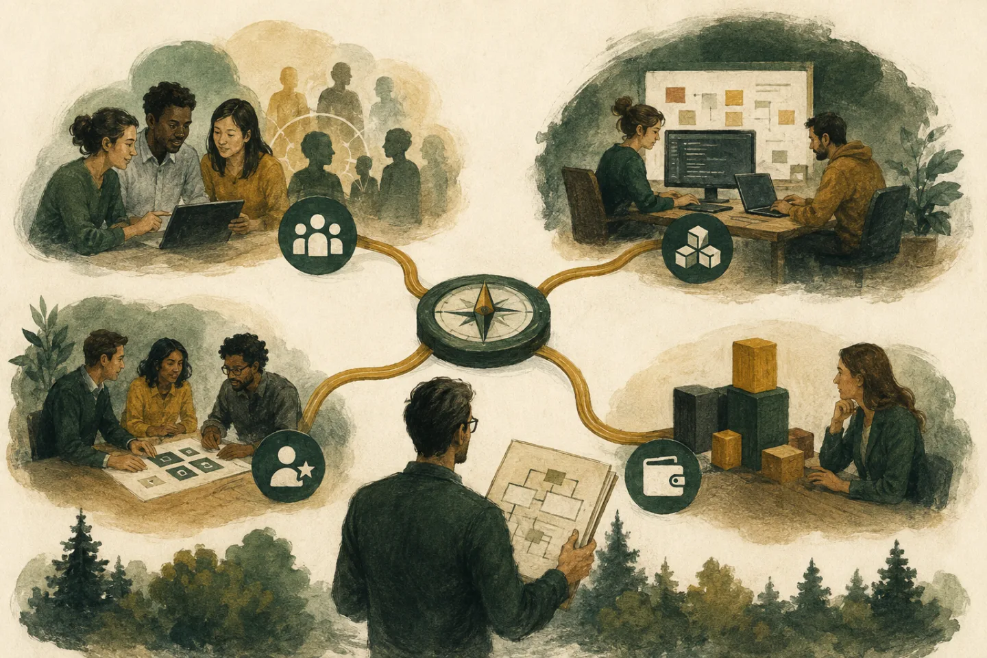 A technical leader connects customer needs, delivery, team ownership, and capital through a central compass.