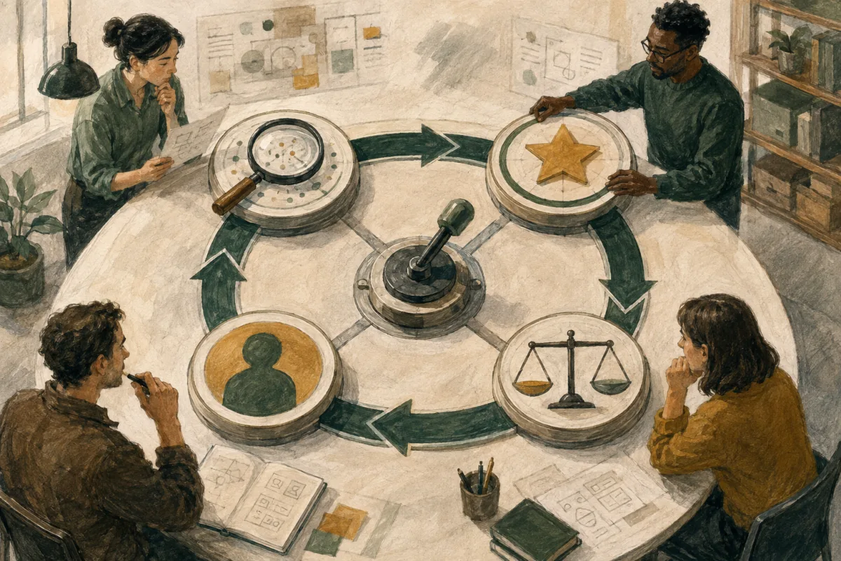 A circular decision process connects evidence, priority, an accountable owner, and tradeoffs.