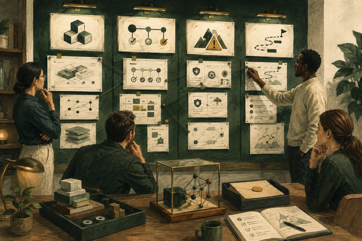 A team reviews architecture, delivery history, technical risks, and an investment sequence in an evidence room.