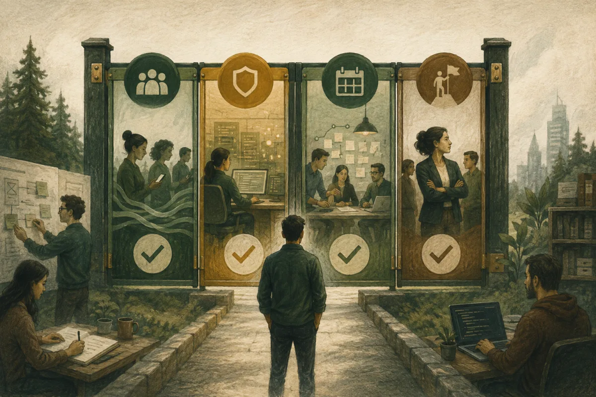 Four illustrated review gates represent customer evidence, reliability, operating cadence, and leadership capacity.