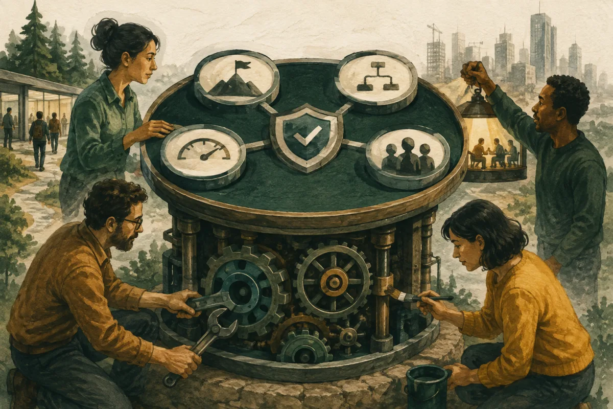 A team maintains a mechanism connecting priorities, decision structure, measures, and leadership discussions.