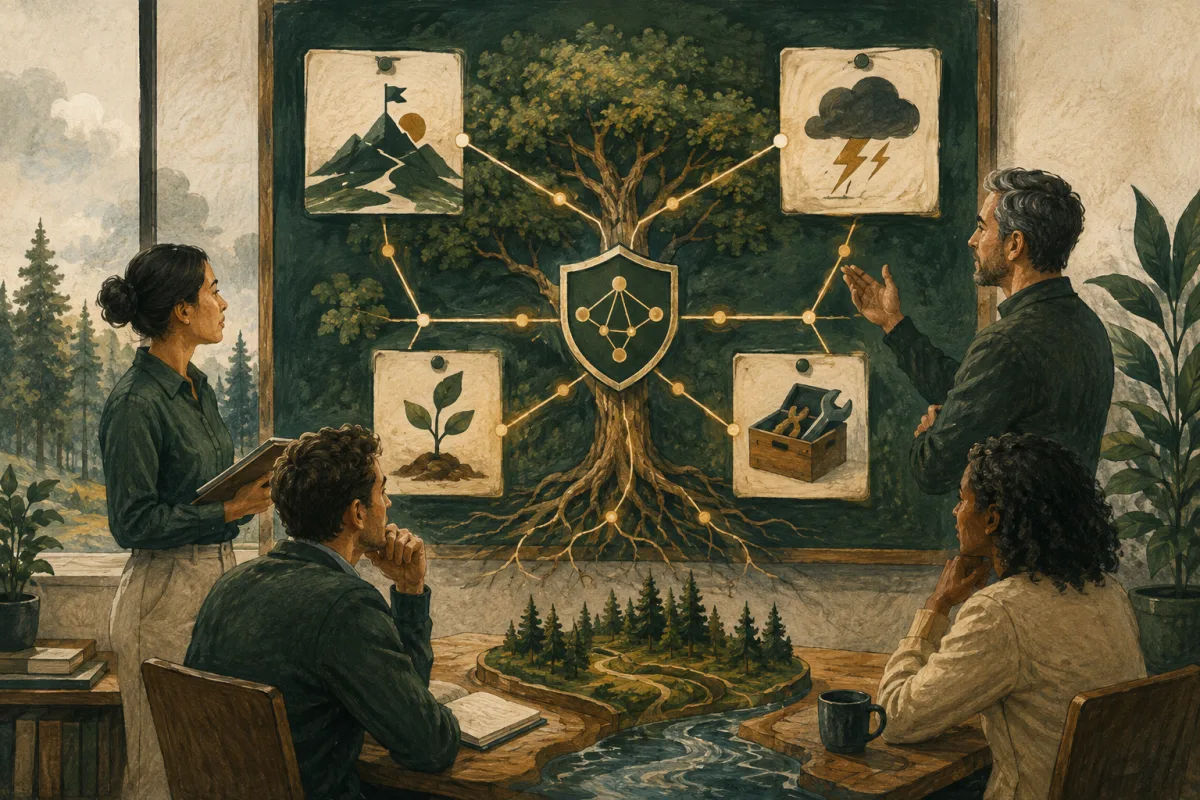 A board discussion connects business objectives, exposure, investment, and operating signals through a tree diagram.