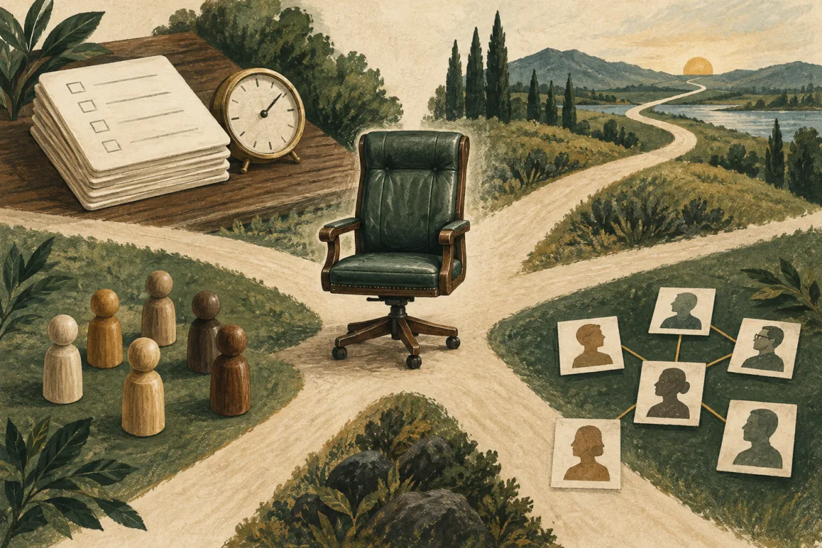 An empty executive chair sits among a workload checklist, team tokens, connected stakeholder portraits, and a long planning horizon.