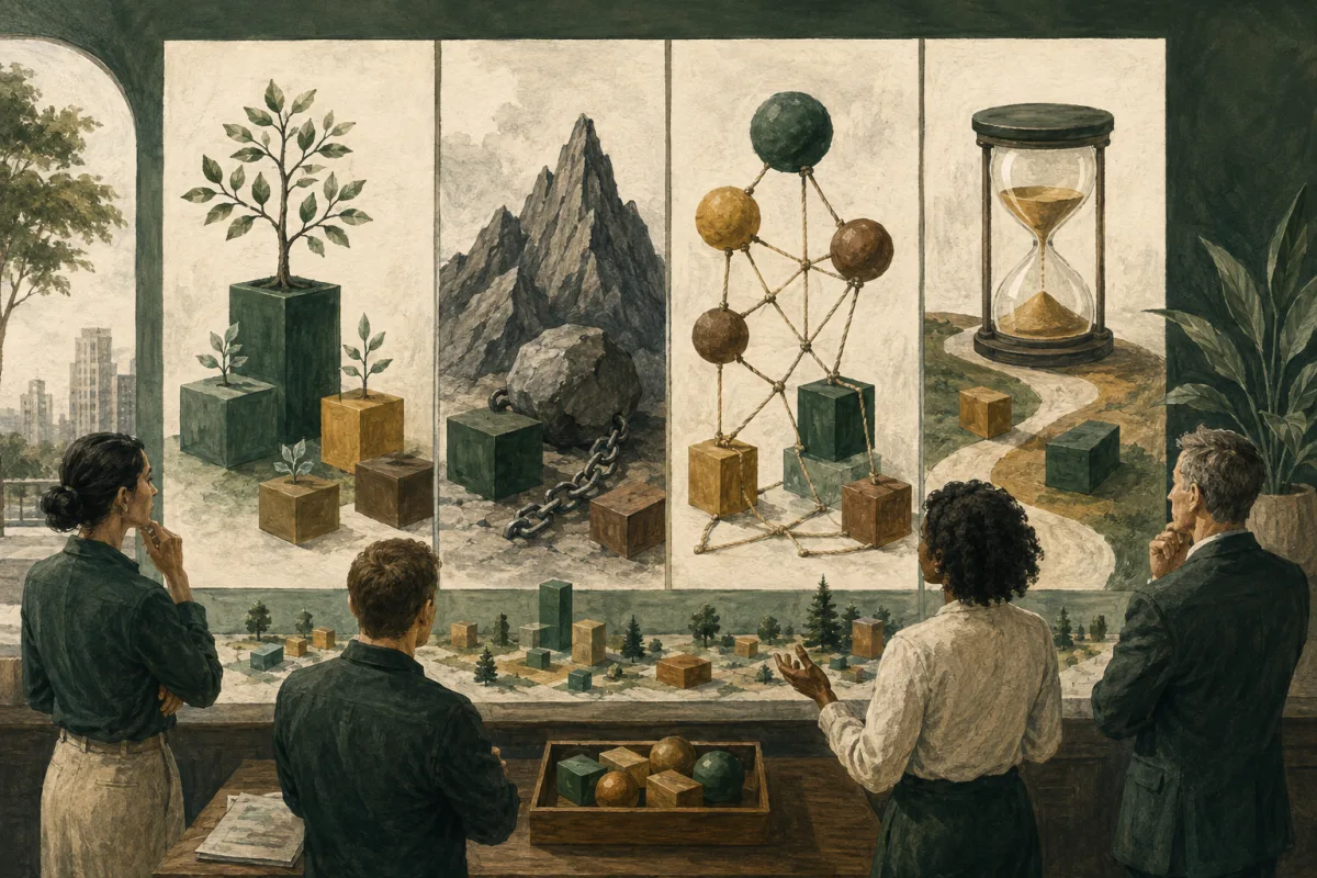 An investment review compares potential value, constraints, dependencies, and timing through four visual metaphors.