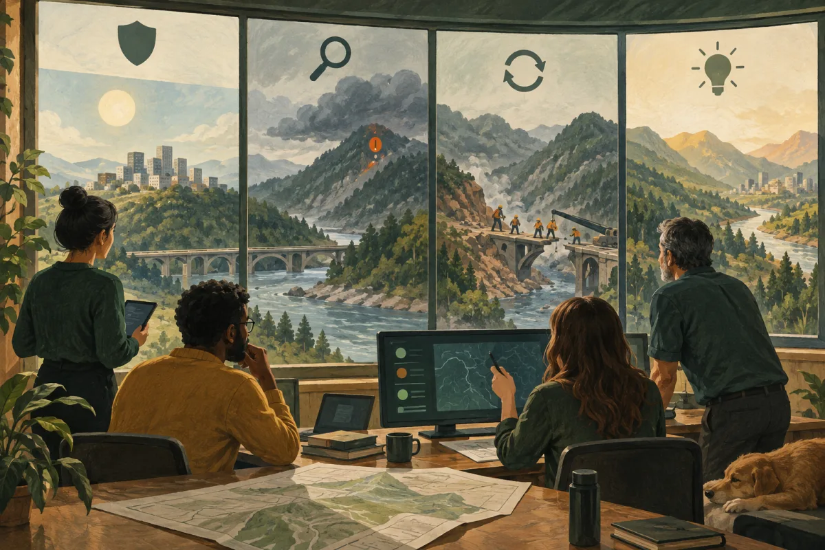 A team reviews four scenes of service protection, detection, recovery, and learning using a bridge metaphor.