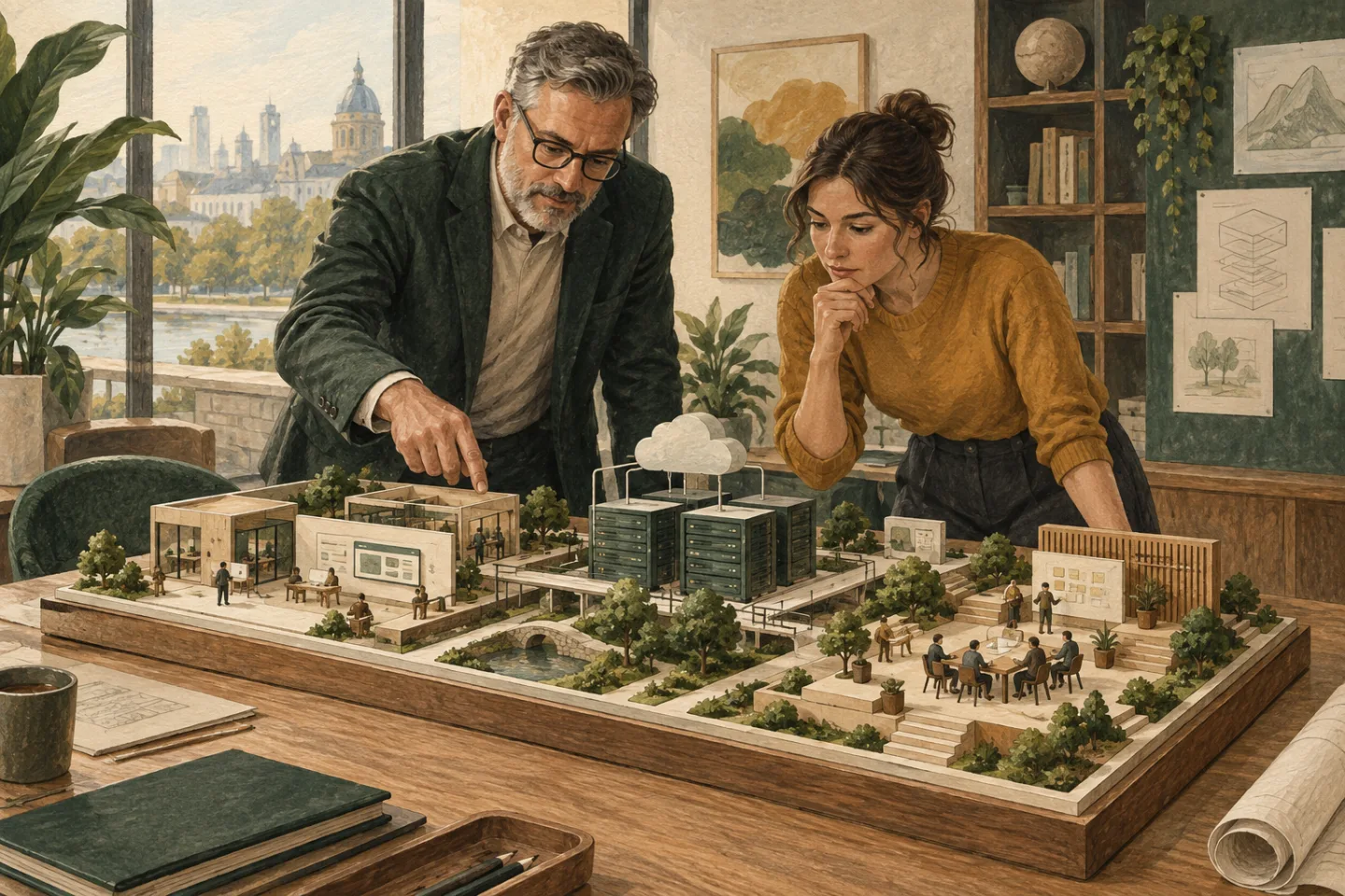 Technology leader and founder examining an architectural model of interconnected business systems