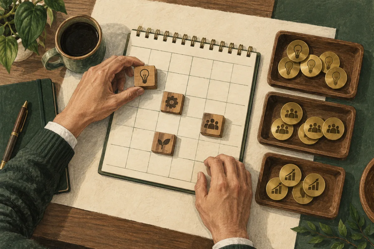 Calendar, time blocks and separate cost trays used to plan an engagement budget