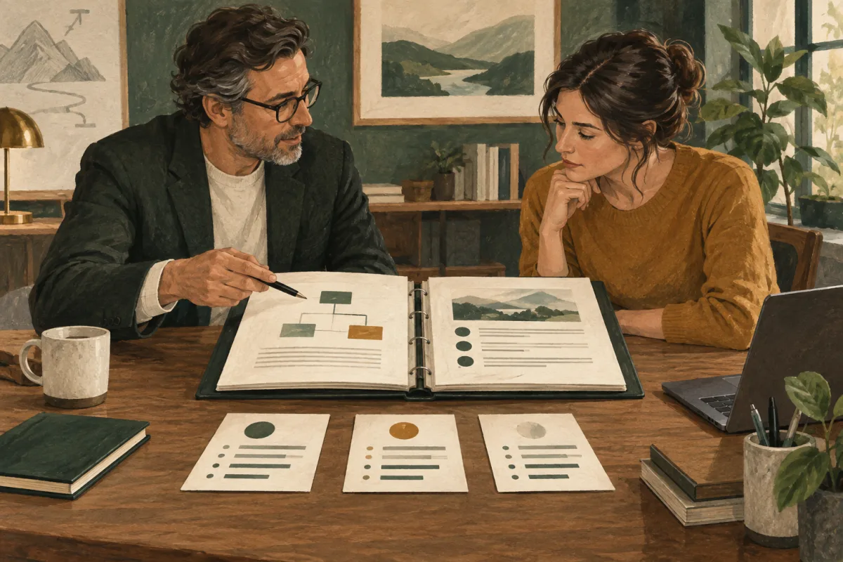 Founder and reviewer comparing a professional portfolio with evidence and candidate cards