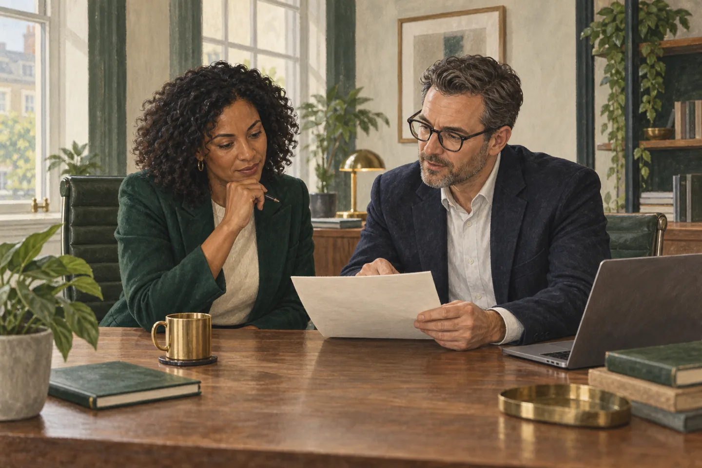 Two leaders reviewing an engagement brief in a meeting room