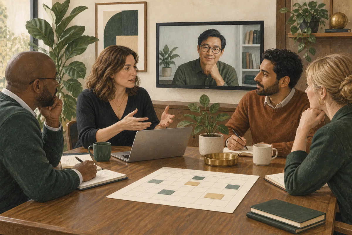 Colleagues coordinating remote and in-person leadership sessions