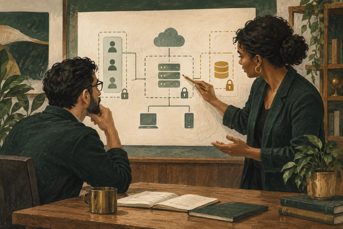 A technology leader and specialist reviewing data access boundaries