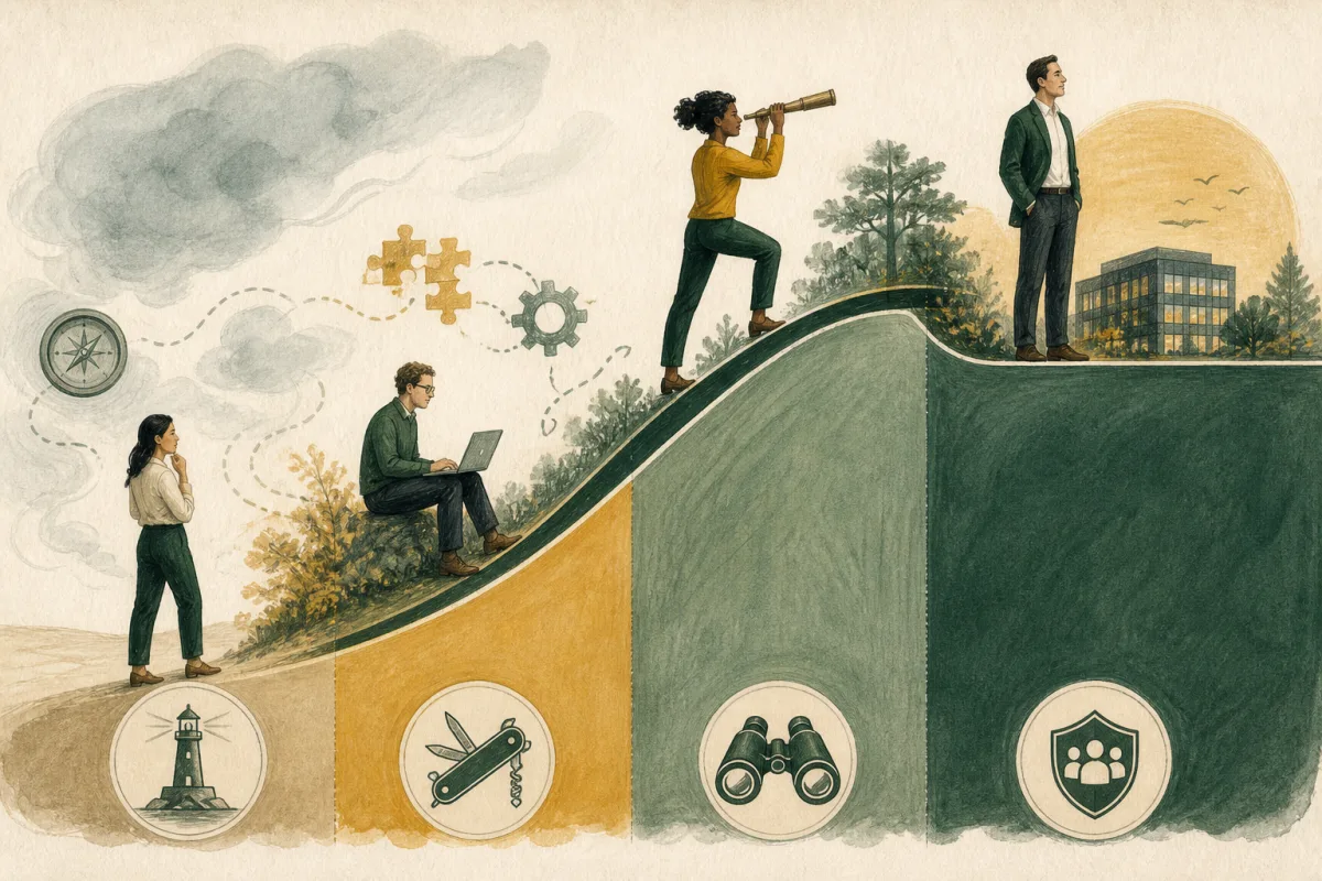 A rising path illustrates increasing operating involvement from advice through recurring leadership to an enduring organizational seat.