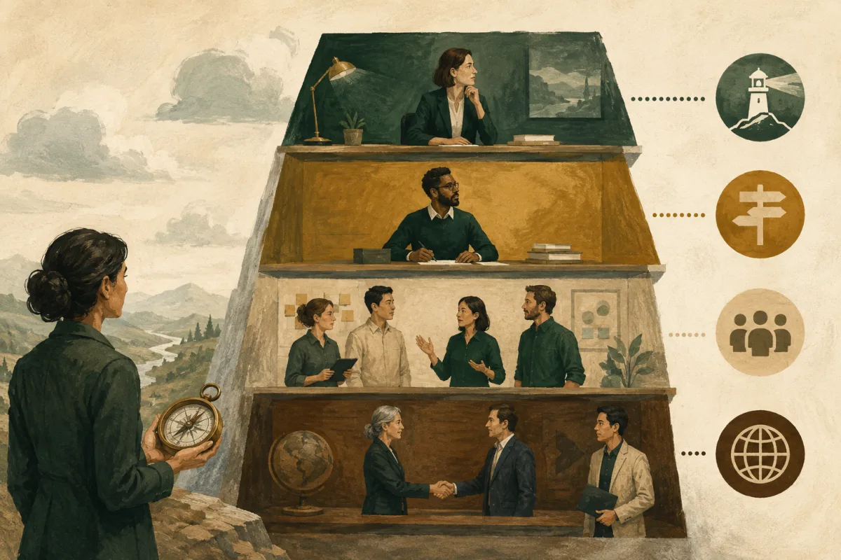 Four scenes illustrate giving advice, making decisions, managing people, and representing the organization.