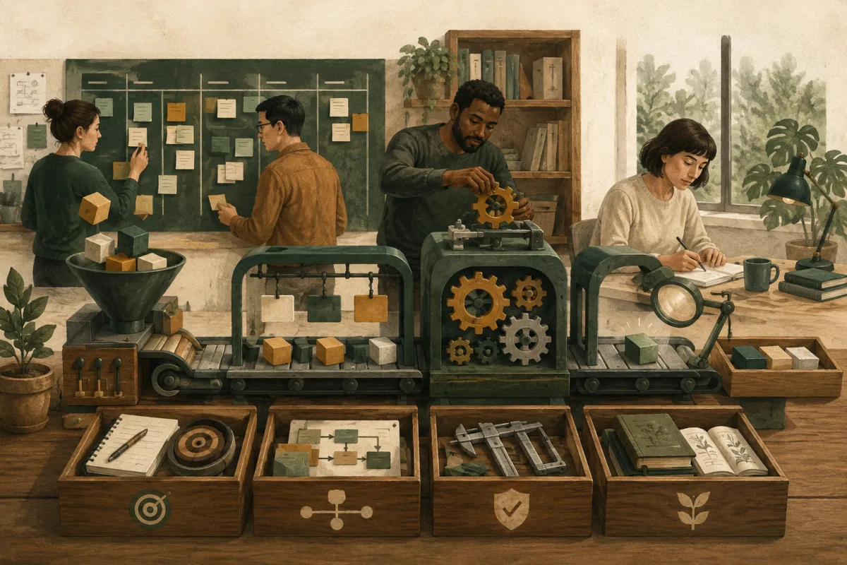 Engineering operating system illustrated through priorities, work flow, quality checks, and learning.