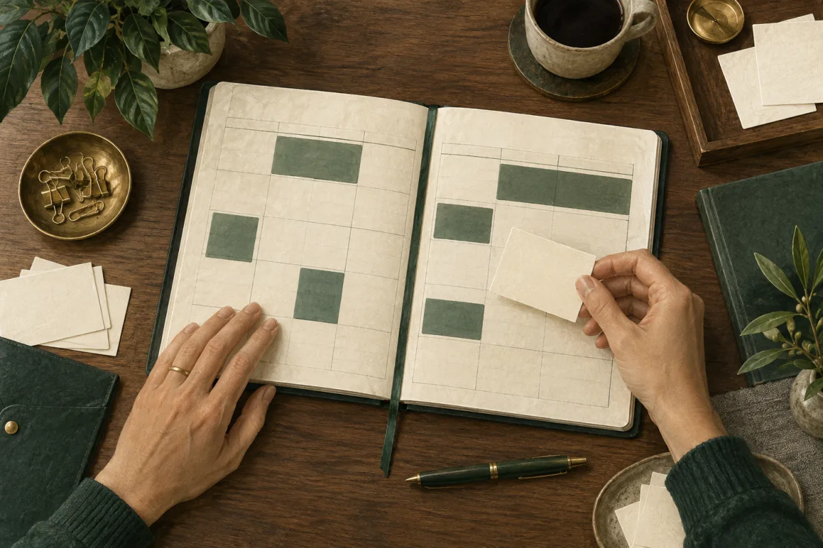 An open calendar notebook with protected blocks and appointment cards