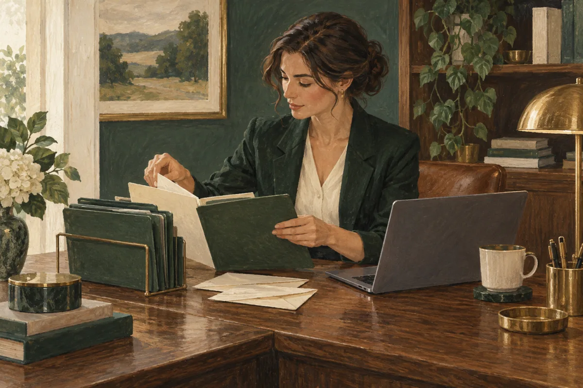 An executive assistant organizing correspondence beside a laptop