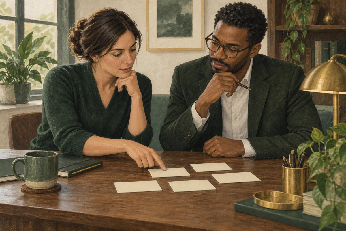 Two colleagues discussing meeting priorities at a quiet desk
