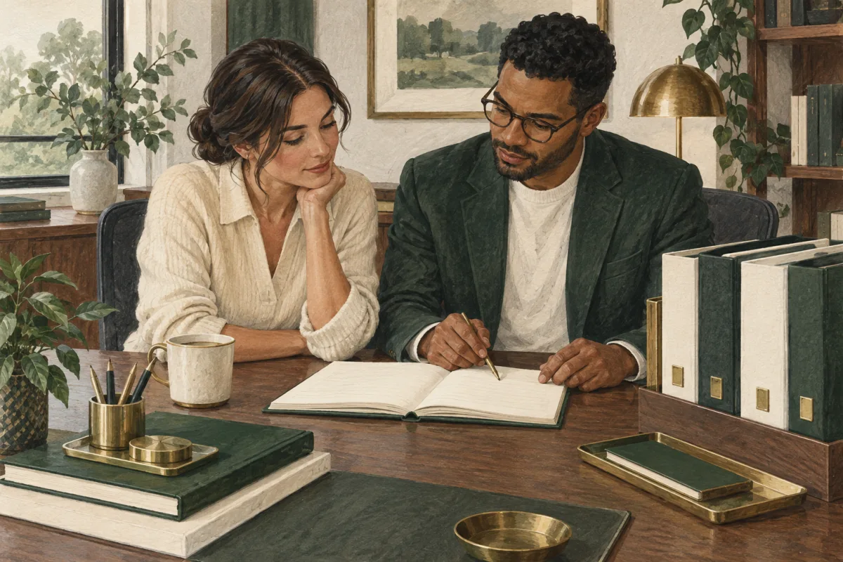 Two colleagues reviewing a continuity notebook and organized folders