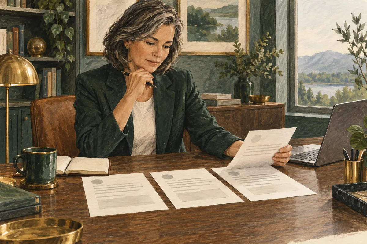 An executive comparing several role briefs at a desk