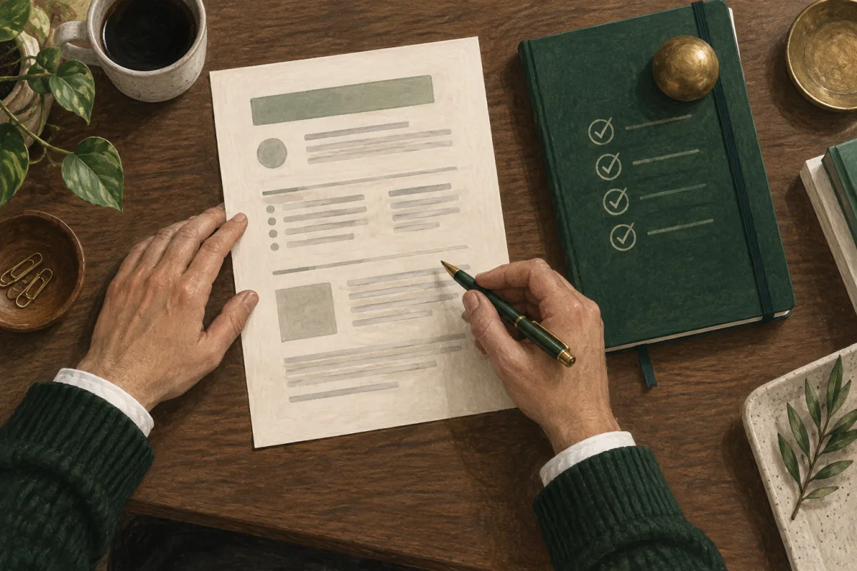 A reviewed opportunity brief beside a clear next-step notebook
