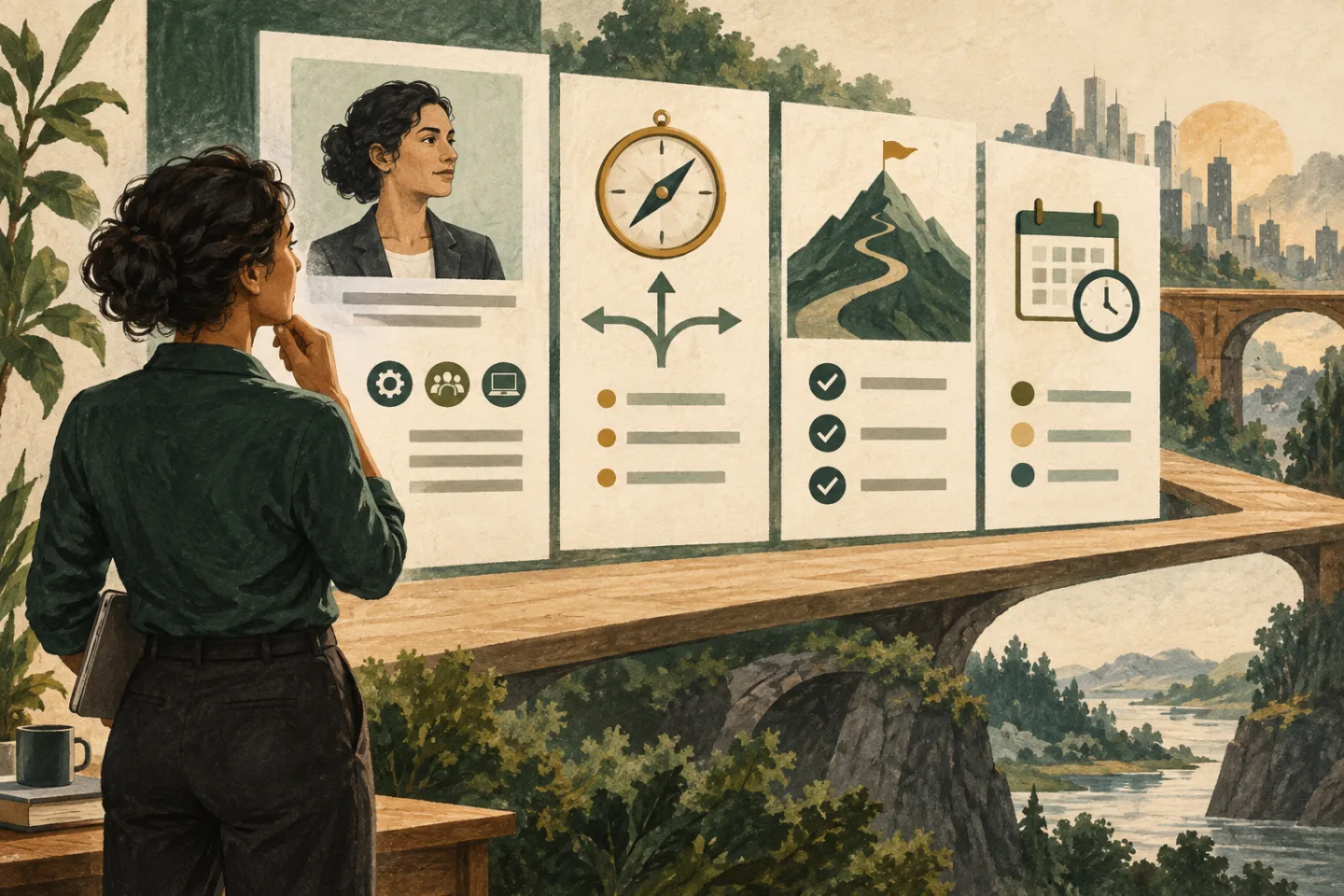 An executive reviews a profile organized around positioning, decisions, outcomes, and working availability.