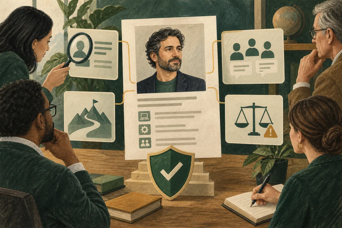 Reviewers examine an executive profile through identity, career evidence, references, and conflict checks.