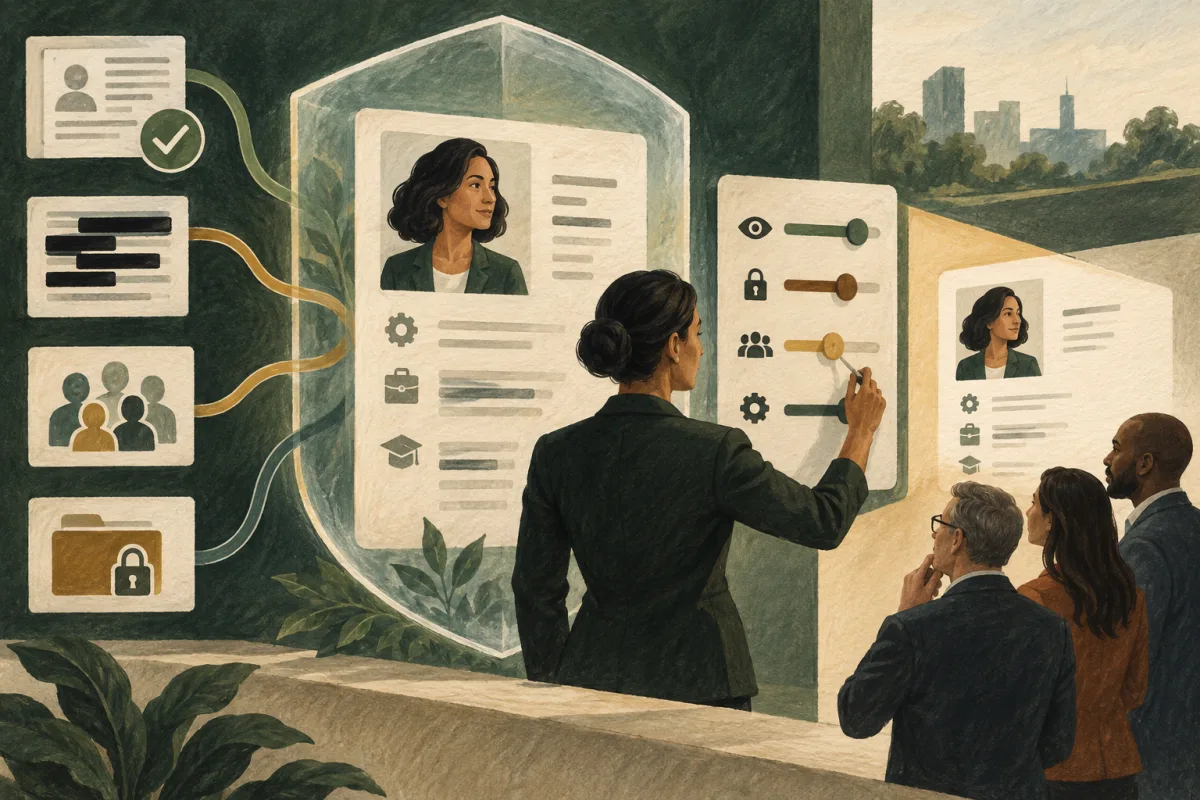 An executive controls profile visibility using permissions, redaction, aggregation, and protected records.