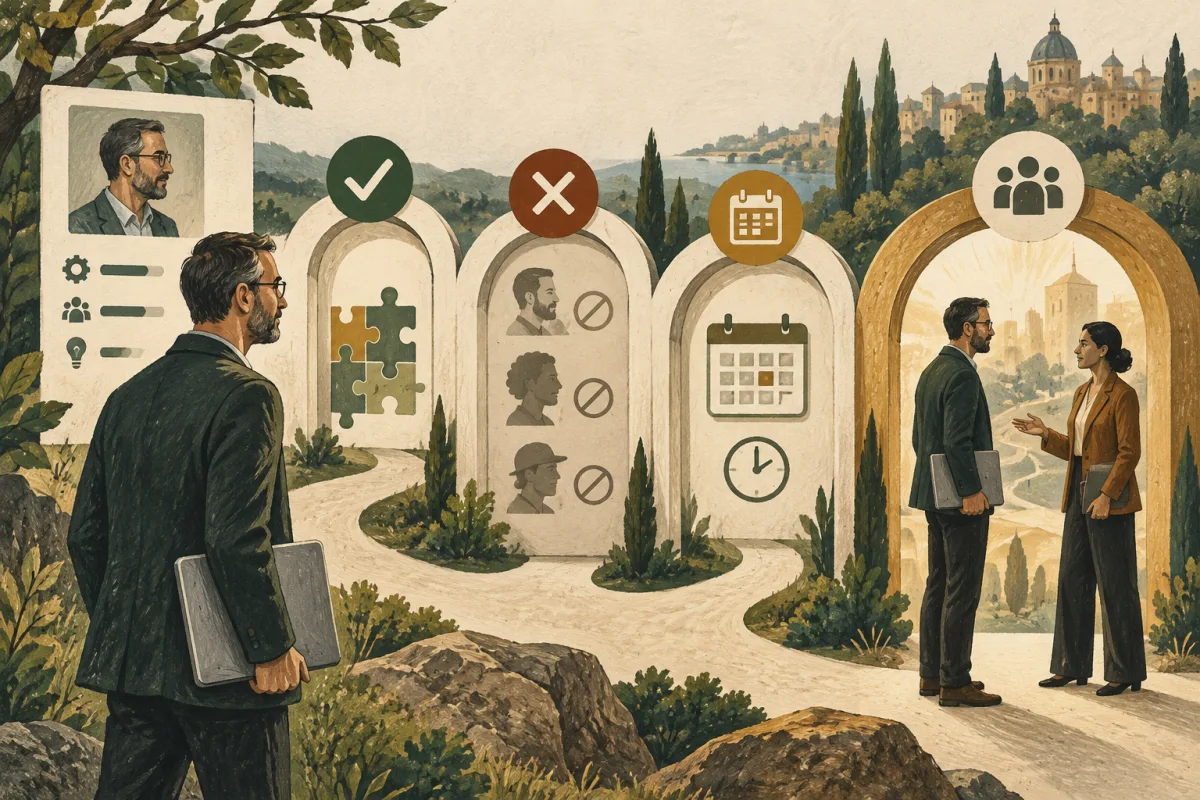 An executive evaluates mandate fit, exclusions, availability, and a mutual introduction through four paths.