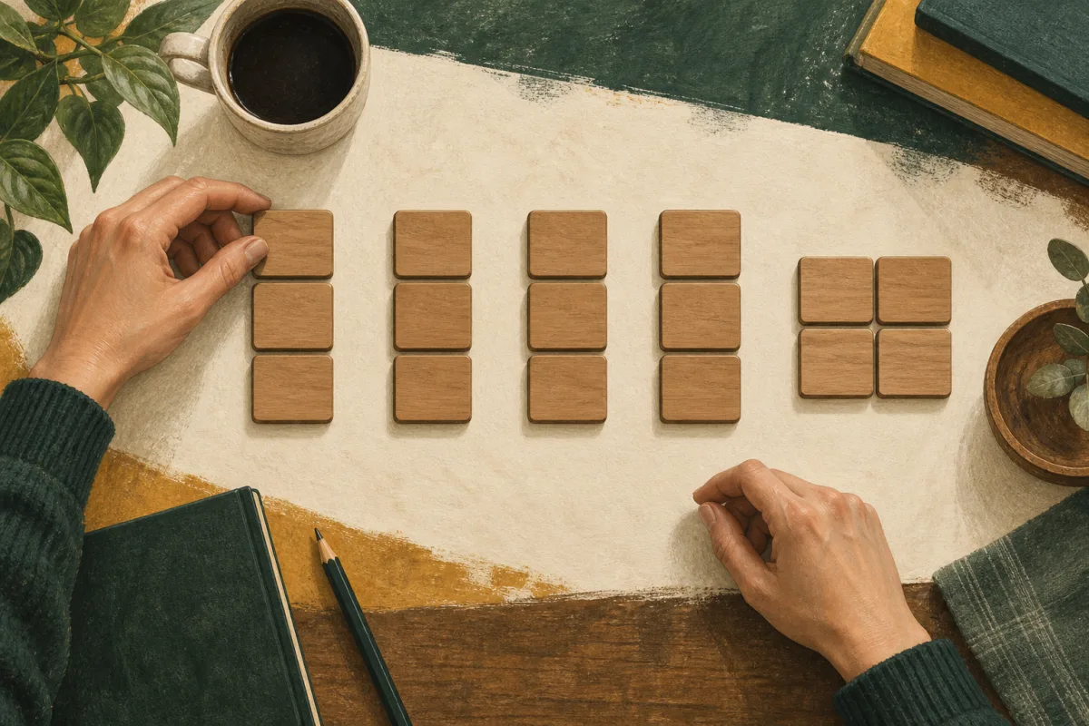 Sixteen wooden capacity tiles arranged into five groups on an ivory planning surface