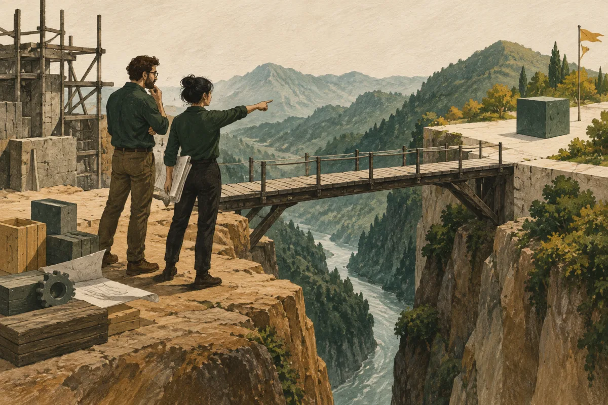 Engineers inspecting the bottleneck between work in progress and a completed release