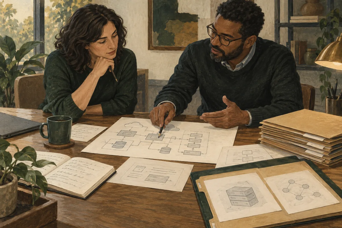 Two professionals reviewing an engineering leadership work sample and evidence folders