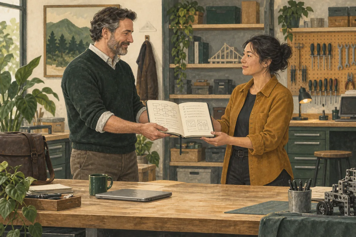 Engineering leadership handover with an operating notebook and an internal successor