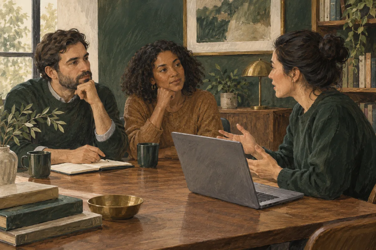 A researcher and product manager listening to a user at a laptop