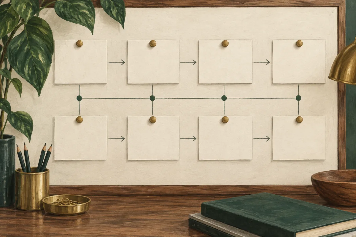 An illustrated planning board with linked cards and two parallel work streams