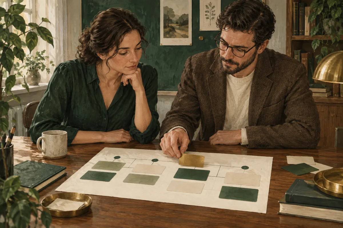 Two colleagues reviewing a proposed project change at a desk
