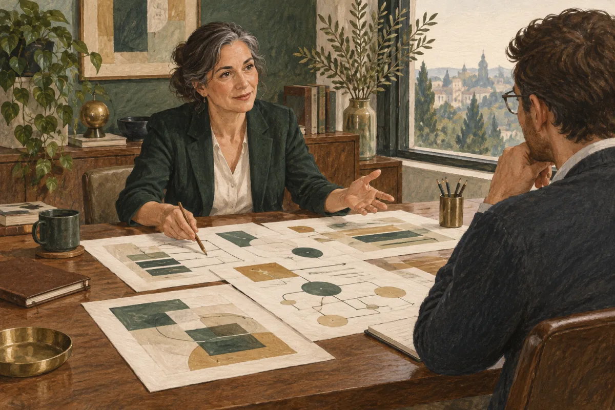 A project manager discussing delivery evidence during an interview